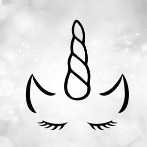 Animal Clipart: Einfaches Einfaches Schwarzes Einhorn Gesicht Outline mit Horn, Ohren und friedlichen geschlossenen Augen mit Wimpern - Digitaler Download SVG & PNG