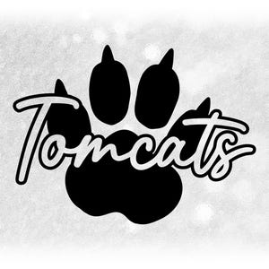 May include: Black paw print graphic with the word "Tomcats" in a cursive font. The design is set against a textured, light gray background with a subtle, blurred effect, creating a simple, yet bold design.