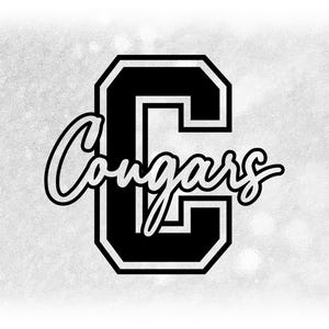 Sports Clipart: Black Script "Cougars" Team Name Cutout of Large Varsity Style Capital Letter "C" - Digital Download svg png dxf pdf