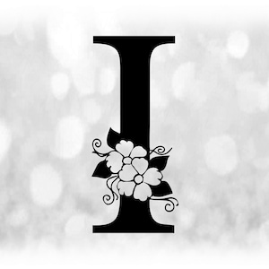 Clipart de palavras: Letra maiúscula formal preta "I" com detalhes florais / florais - Altere a cor com seu próprio software - Download digital SVG e PNG