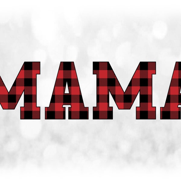 Family Clipart: Capitalized Block Word "MAMA" in Black Buffalo Plaid Checks Layered on Red Background - Digital Download svg png dxf pdf