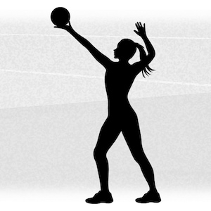 May include: Silhouette of a person playing volleyball. The person is wearing a sports uniform and is in mid-air, spiking the ball.