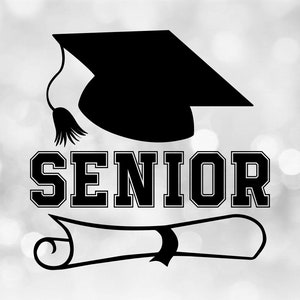 Clipart educativo: gorra de mortero de graduación negra, borla, diploma y negrita palabra colegial "Senior" - Descarga digital SVG y PNG
