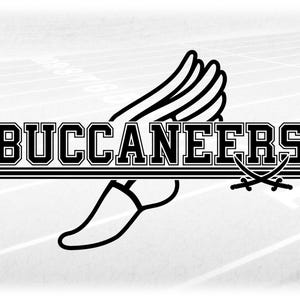 May include: Black and white logo with the word "BUCCANEERS" in bold letters. A stylized running figure with wings is below the text. Two crossed swords are below the figure.