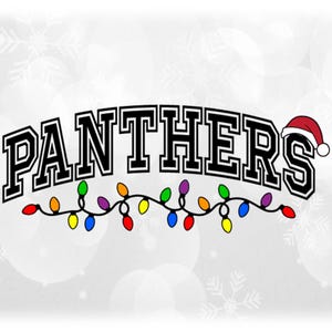 Holiday Clipart: Black Arched Team Mascot Name "Panthers" with Santa Hat and String of Christmas Lights - Digital Download svg png dxf pdf