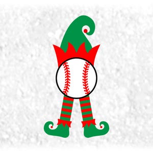 Holiday Clipart: Black on Red/White w/ Red on Green Baseball Elf with Pointed Hat/Shoes and Striped Socks - Digital Download svg png dxf pdf
