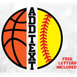 Sports Clipart: Split Name Frame Half Sports Balls w/ Black/Orange Basketball & Yellow/White/Black Softball Digital Download svg png dxf pdf