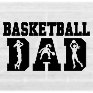 Sports Clipart: Black Bold Varsity Style Words "Basketball Dad" with Female Player Silhouettes Cutout - Digital Download svg png dxf pdf