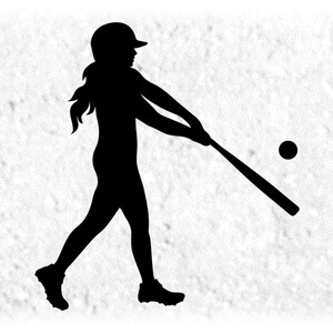 Sports Clipart: Black Silhouette of Female Softball Player Wearing Helmet Swinging Bat at Ball / Pitch - Digital Download svg png dxf pdf