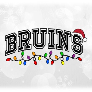 Holiday Clipart: Black Arched Team Mascot Name "Bruins" with Santa Hat and String of Christmas Lights - Digital Download svg png dxf pdf