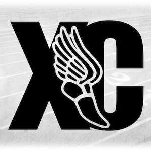 Clipart de sport : Lettres noires épaisses audacieuses « XC » debout pour Cross Country avec découpe de chaussure de piste ailée - Téléchargement numérique svg png dxf pdf