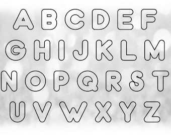 May include: Black and white image of the alphabet in a bold, outlined font. Each letter is outlined in black and has a white interior.