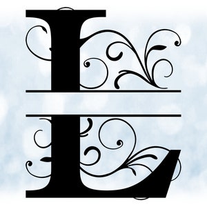 Word Clipart: Split Name Frame Schwarz Formal Style Großbuchstaben Initiale / Monogramm "L" mit floralen Locken / Wirbeln - Digitaler Download SVG & PNG