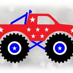 Auto/Automobil Clipart: Layered Red, White, Blue Monster Truck with Stars, Roll Bar, and Lights for 4th Juli - Digital Download SVG & PNG
