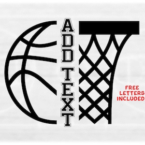 Sports Clipart: Black Bold Half Basketball & Half Hoop with Net Split Name Frame - You Add Your Own Text - Digital Download svg png dxf pdf