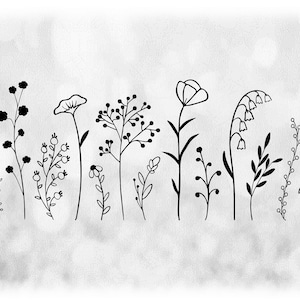 Clipart de flores / natureza: contornos simples e finos de silhueta preta de 14 flores silvestres em uma única folha - downloads digitais em svg png dxf pdf