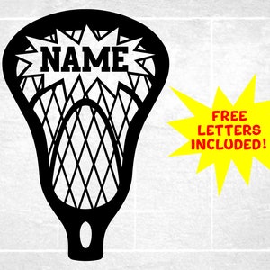 Może przedstawiać: Czarno-biała sylwetka kija lacrosse z białą gwiazdą i napisem "NAME" w środku. W prawym dolnym rogu znajduje się żółta gwiazda z napisem "FREE LETTERS INCLUDED!"