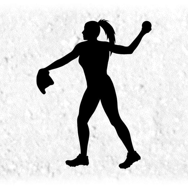 Sports Clipart: Black Silhouette of Female Softball Pitcher with Mitt on One Hand Ready to Throw Ball - Digital Download svg png dxf pdf