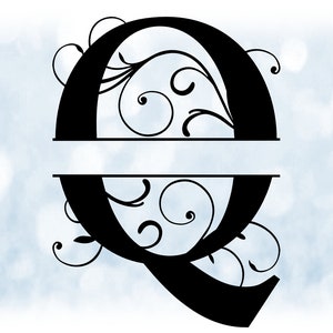 Clipart de palavra: Moldura de nome dividida Preto Estilo formal Letra maiúscula Inicial / Monograma "Q" com cachos florais/redemoinhos - Download digital SVG e PNG