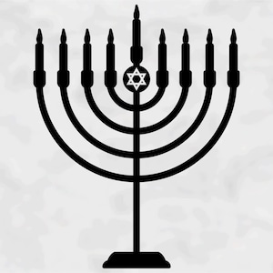Holiday Clipart: Black Hanukkah Menorah Candelabra w/ Seven Branches, Candles, Star of David Jewish Symbol. Digital Download svg png dxf pdf