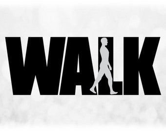 Sports Clipart: Black Word "WALK" with Gray Overlay Silhouette of Male Walking, Strolling, or Hiking - Digital Download svg png dxf pdf