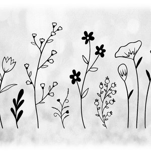 Clipart de flor / natureza: contornos simples e finos de silhueta preta de dez flores silvestres florescendo em um remendo - downloads digitais em svg png dxf pdf