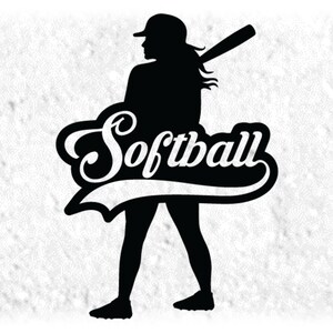Sports Clipart: Black Female Softball Player Silhouette with Script Word "Softball" and Swoosh Cutout - Digital Download svg png dxf pdf