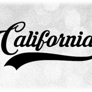 以下が含まれることがあります： 「カリフォルニア」という単語がスタイリッシュな筆記体で書かれた白黒のグラフィックデザイン。テキストは弧を描いており、デザインにヴィンテージな雰囲気を与えています。