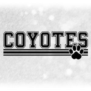 Sports Clipart: Black Bold "Coyotes" Team Mascot Name in Varsity with Stripes and Paw Silhouette - Digital Download svg png dxf pdf
