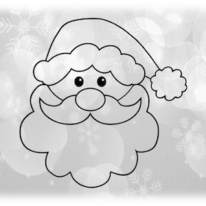 Clipart des Fêtes: Contour noir du Père Noël ou du visage de St. Nick avec barbe, moustache et bonnet de bas d’hiver - Téléchargement numérique SVG & PNG