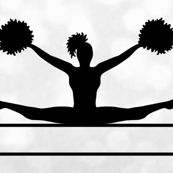 Sports Clipart: Cheerleader Silhouette Jumping in the Air w/ Straight Legs Split Name Frame to Personalize, Digital Download svg png dxf pdf