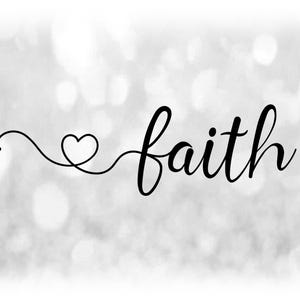 May include: Black script word "faith" with a heart-shaped design. The word "faith" is written in a cursive font, with a small heart incorporated into the design. The background is a soft, blurred, bokeh effect in shades of gray and white.
