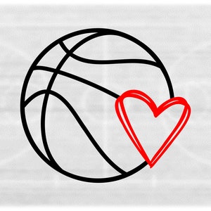 Sports Clipart: Black Bold Basketball Outline with Red Doodle Hearts Inset for Players, Teams, Coaches - Digital Download svg png dxf pdf