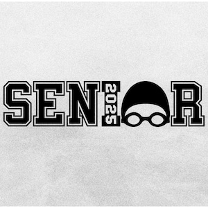 Sports Clipart: Black Word "SENIOR" in Collegiate Style with Year 2025 and Swim Cap/Googles as Letter "O" - Digital Download svg png dxf pdf