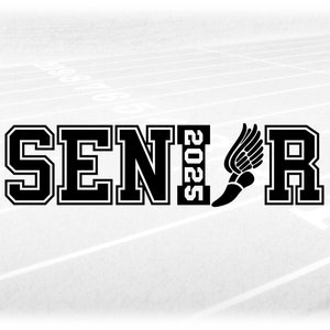 May include: Black and white graphic design of the word "SENIOR" with a running shoe and wings in the middle. The year 2023 is printed on the shoe. The design is on a gray background.
