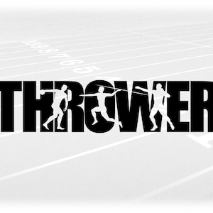 May include: Black and white graphic with the word "THROWER" in bold letters. Silhouettes of athletes throwing a javelin are integrated into the letters. The background shows a track with white lines and numbers.