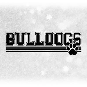 Sports Clipart: Black Bold "Bulldogs" Team Name in Varsity Style above Stripes with Paw Silhouette Cutout - Digital Download svg png dxf pdf