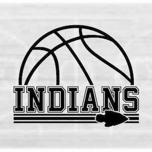 Sports Clipart: Black Half Basketball w/ "Indians" Team Name in Varsity Style with Arrowhead Silhouette - Digital Download svg png dxf pdf