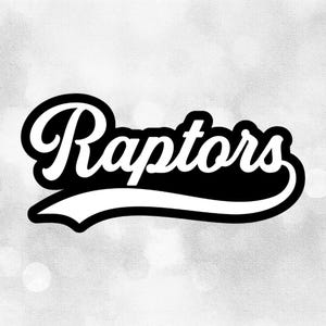May include: A black and white Raptors logo on a gray background with a bokeh effect. The word "Raptors" is written in a stylized, cursive font with a white outline and a black fill. The background is a soft gray with blurred white circles.