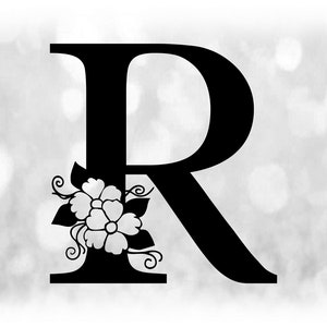 Word Clipart: Negro formal letra mayúscula "R" con acentos florales / florales - Cambiar color con su propio software - Descarga digital SVG y PNG