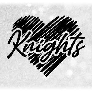 May include: Black and white graphic of a heart with the word "Knights" written inside. The heart is made of a series of lines.