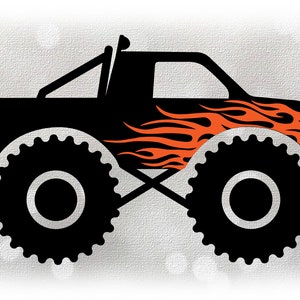 Car/Automotive Clipart: Simple Black Monster Truck Drawing with Orange Fire Flames Layer, Roll Bar, and Lights - Digital Download SVG & PNG
