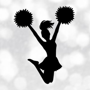 Sports Clipart: Black Cheerleader Silhouette Jumping Up in the Air with Bent Knees and Two Pom Poms - Digital Download svg png dxf pdf jpg