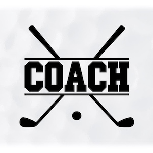Sports Clipart: Black Crossed Golf Clubs and Ball with Bold College Varsity Word "COACH" for Coaches - Digital Download svg png dxf pdf