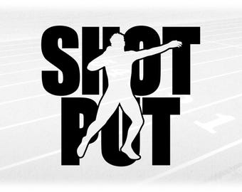 Sports Clipart: Bold Black Track & Field Words "Shot Put" with Male Shot Put Thrower Athlete Cutout - Digital Download svg png dxf pdf