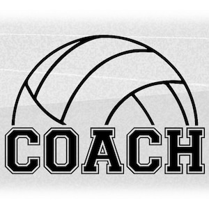 Sports Clipart: Black Bold Half Volleyball Silhouette Outline with Word "Coach" in Outlines College Type Style - Digital Download SVG & PNG