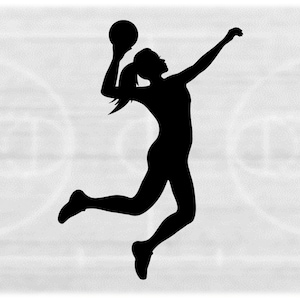 Sports Clipart: Black Silhouette of Female Basketball Player Jumping Up in Air with Ball in One Hand - Digital Download svg png dxf pdf