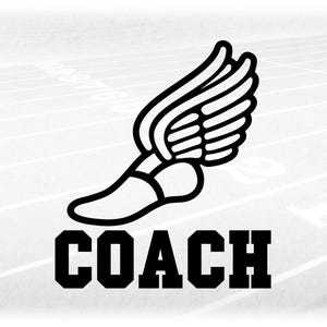 Sports Clipart: Black Track and Field Winged Shoe with Bold College Varsity Word "Coach" for Coaches - Digital Download svg png dxf pdf