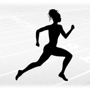 Sports Clipart: Track and Field Black Silhouette of Female Athlete Running with Afro Style Curls or Locs - Digital Download svg png dxf pdff