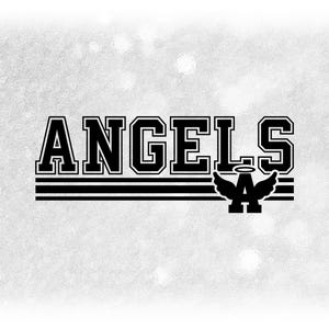 Sports Clipart: Black Bold "Angels" Team Mascot Name above Stripes with Angel Wings and Halo Silhouette - Digital Download svg png dxf pdf